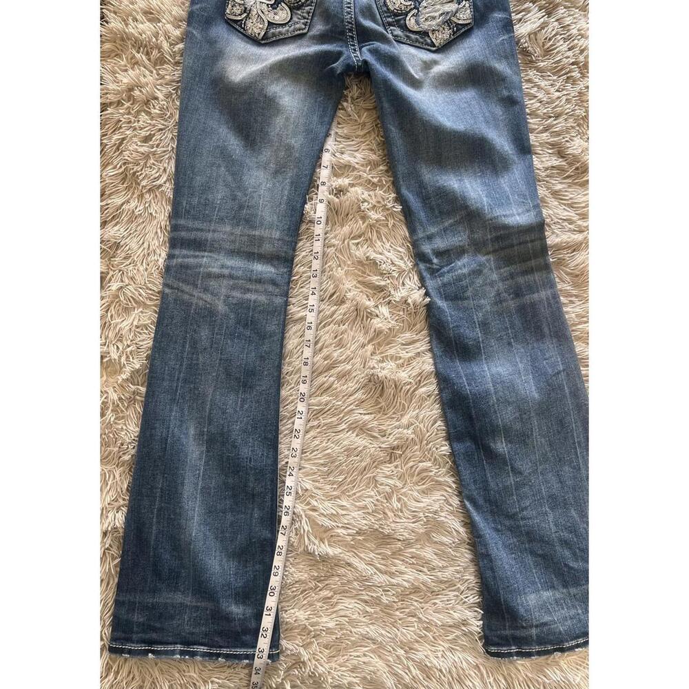 Miss Me Fleur De Lis Embroidered, Sequined, and Distressed Bootcut Jeans - Picture 3 of 9
